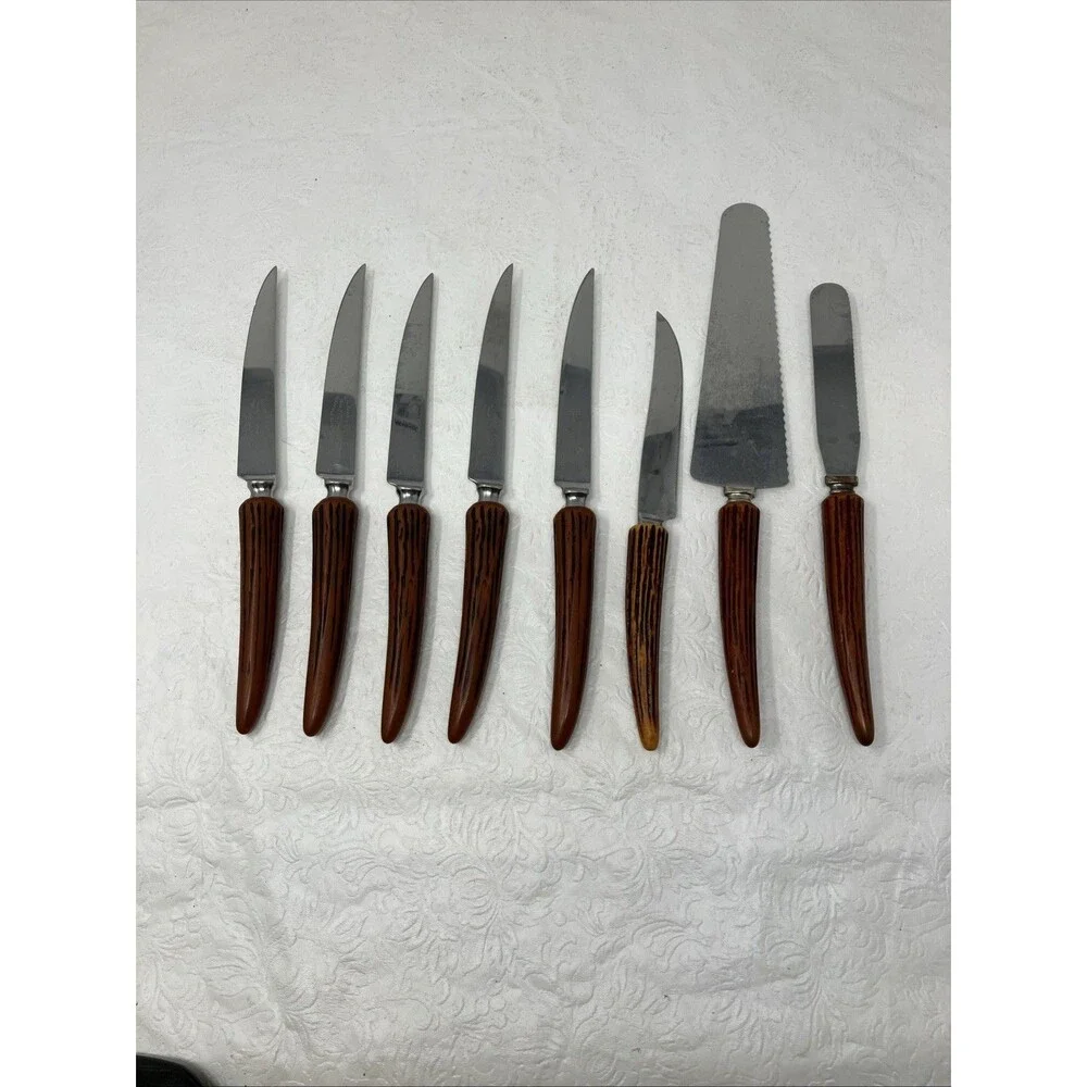 8 Stainless Steel Knives Faux Stag Horn Antler Handles England USA Steak & Cake